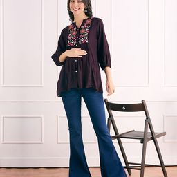 Bella Mama Woven Three Fourth Sleeves Maternity Top With Floral Embroidered Yoke - Wine-image-75