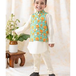 Tiber Taber 100% Cotton Full Sleeves Solid Kurta & Pant With Kathakali Dancers Printed Jacket Set - Green-picture-44