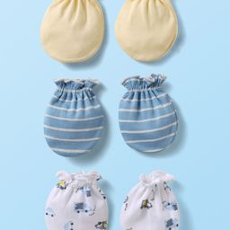 Bubble Pop Cotton Knit Mittens with Vehicle Print & Stripe Design Pack of 3 - White Blue & Yellow-image-12