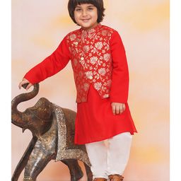 KID1 Jacquard Woven Full Sleeves Solid Kurta With Floral Foil Printed Attached Jacket & Pyjama Set - Red-image-12