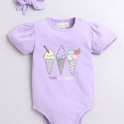 Polka Tots Cotton Knit Half Puffed Sleeves Ice Cream Printed Onesie With Headband Set - Purple-20