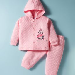Tango Knit Full Sleeves Winter Wear Hooded Night Suit With Penguin Print - Pink-picture-10