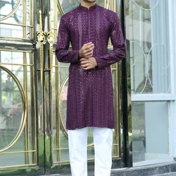 KRAFT INDIA Men Ethnic Motifs Embroidered Regular Sequinned Kurta with Pyjamas-image-47
