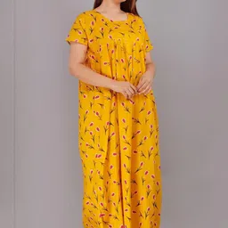 AAKARSHANA Yellow Pure Cotton Maxi Printed Nightdress-image-19