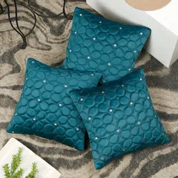 SOKNACK 3 Pieces Teal Blue Self Design Velvet Square Cushion Covers-34