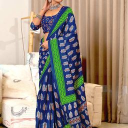 PEENGAX Ethnic Motifs Hand Block Print Pure Cotton Saree-image-2