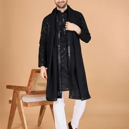 ODETTE Men Black Viscose Silk Sequins Stitched Kurta-picture-39