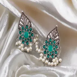 Vientiq German Silver Plated Stones Studded & Beads Beaded Oxidised Drop Earrings-image-41