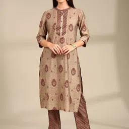 Anouk Beige Ethnic Motifs Printed Band Collar Straight Kurta With Trouser-picture-15