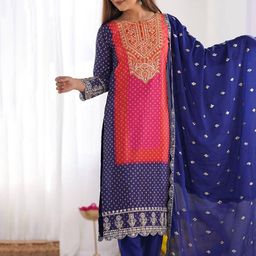 KALINI Bandhani Embroidered Straight Thread Work Kurta With Trouser & Dupatta-image-50