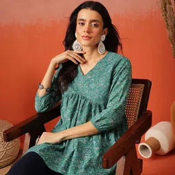 FEMBLISS Floral Printed Empire V-Neck Pure Cotton Anarkali Kurti-picture-26