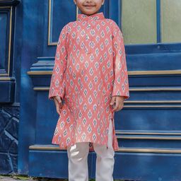 Stuffie Land Boys Geometric Printed Band Collar Kantha Work Straight Kurta With Trousers-18