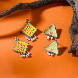 Yellow Chimes Set of 2 Silver-Plated Pearls Beaded Meenakari Oxidized Studs-0