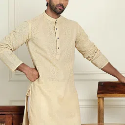 Anouk Beige Geometric Embroidered Chikankari Mandarin Collar Pure Cotton Straight Kurta-picture-20