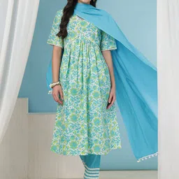 SAK JAIPUR Floral Printed V Neck Pure Cotton Anarkali Kurta With Trousers & Dupatta-image-96