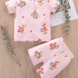 Kookie Kids Half Sleeves Night Suit Kitty Print - Pink-image-119