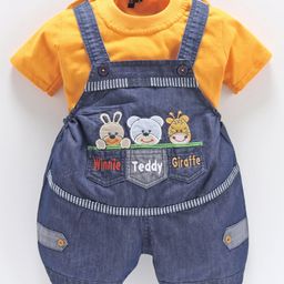 Dapper Dudes Animals Patch Dungaree With Half Sleeves Tee - Yellow-image-74