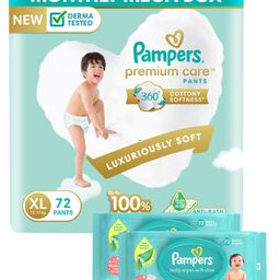 Pampers Premium Care Pants, Extra Large size baby diapers (XL), 72 Count, Softest ever Pampers pants & Pampers Baby Gentle wet wipes with Aloe, 144 count, 97 Pure Water - (Pack of 2)-image-82
