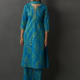 Anouk Floral Printed Notch Neck Pure Cotton Straight Kurta With Trouser And Dupatta-53