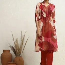 Biba Floral Printed Mandarin Collar Roll-Up Sleeves Georgette Straight Kurta-58
