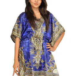 Exotic India Women Short Boho Kaftan with Floral Print and Dori on Waist Midi Dress-image-21