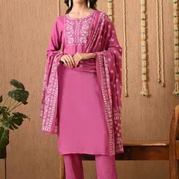 Anouk Women Floral Embroidered Regular Thread Work Pure Cotton Kurta with Trousers & With Dupatta-picture-10
