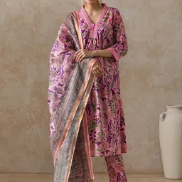 Moara Women Floral Printed Cotton Kurta with Trousers & Dupatta-picture-23