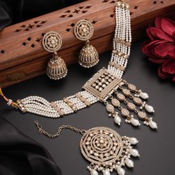 Aadvik Designs Gold-Plated Stone-Studded & Beaded Jewellery Set-image-8