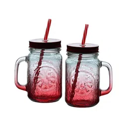 Aura Set of 2 Red Coloured Mason Jar With Metal Lid & Straw 480 ml Each image 4