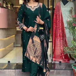 Moda Rapido Floral Embroidered Sequinned Raw Silk Straight Kurta With Trousers & Dupatta-picture-28
