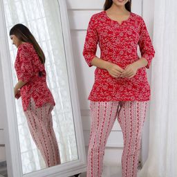 RANGREAL Printed Notch Neck Pure Cotton Top With Pyjama-image-4