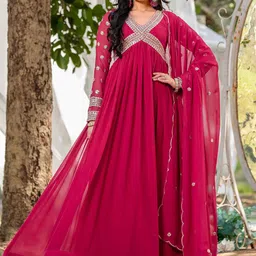 TextileNowEmbroidered Fit & Flared Gown With Dupatta-image-6