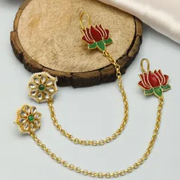 VIVAZS Gold-Plated Kundan Studded Floral Shaped Drop Earrings-38