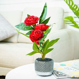 Ekhasa Red & Green Roses Artificial Flower With Cement Vase Pot-19