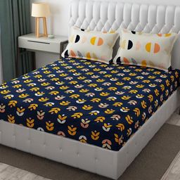 TINDLER KNOTS Navy Blue Floral 330 TC King Bedsheet with 2 Pillow Covers-image-97