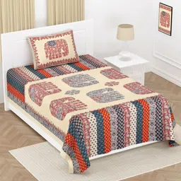 LIVING ROOTS Grey Ethnic Motifs Cotton 144 TC Single Bedsheet with 1 Pillow Covers-image-80