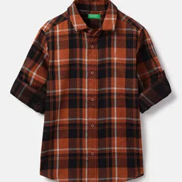 United Colors of Benetton Boys Tartan Checks Checked Spread Collar Pure Cotton Shirt-picture-3