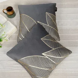HOSTA HOMES Grey & Gold-Toned 2 Pieces Floral Foil Printed Velvet Square Cushion Covers-18