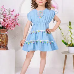Lagorii Light Blue Pom-Pom Cotton Frock with Embroidered Yoke For Girls-image-25