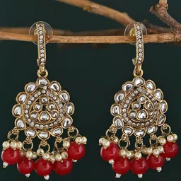 Fida Gold-Plated Kundan Studded & Pearls Beaded Teardrop Shaped Drop Earrings-25