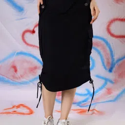 HERE&NOW Women Black Cotton Knee-Length Skirt-picture-31