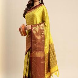 KALINI Lime Green Cotton Blend Woven Design Sarees-picture-11