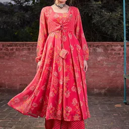 Shae by SASSAFRAS Floral Printed Round Neck Georgette Anarkali Kurta With Palazzos-50