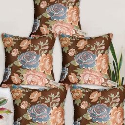 Blue Grass Coffee Brown & Pink 5 Pieces Floral Velvet Cushion Covers-image-124