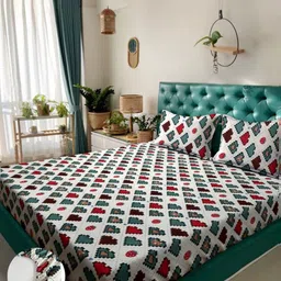 Aura White & Green Geometric 300 TC King Fitted Bedsheet Set 2.50 m x 2.15 m-image-87