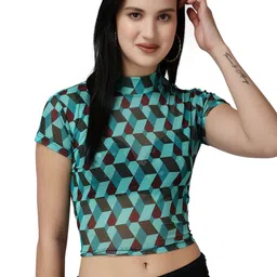 Popwings Women Geometric Printed Round Neck Net Crop Top-picture-6