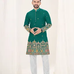 SHOPGARB Ethnic Motifs Embroidered Mandarin Collar Thread Work Silk Straight Kurta-image-5