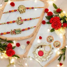 MEIRA JEWELLERY Set Of 3 Stone-Studded & Beaded Rakhi With Greeting Card Gift Set-18