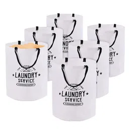 Kuber Industries 6-Pcs White & Black Printed Foldable Cloth Basket With Handle-49
