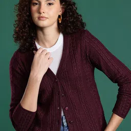 Cayman Self Design Cable Knit V-Neck Woollen Cardigan-picture-48
